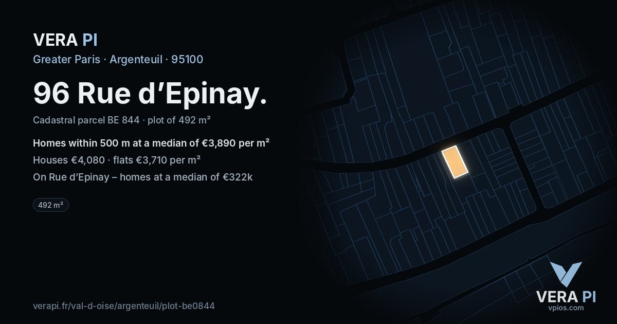 96 Rue d’Epinay, Argenteuil at night – the plot lit, the parcels around coloured by the prices near them