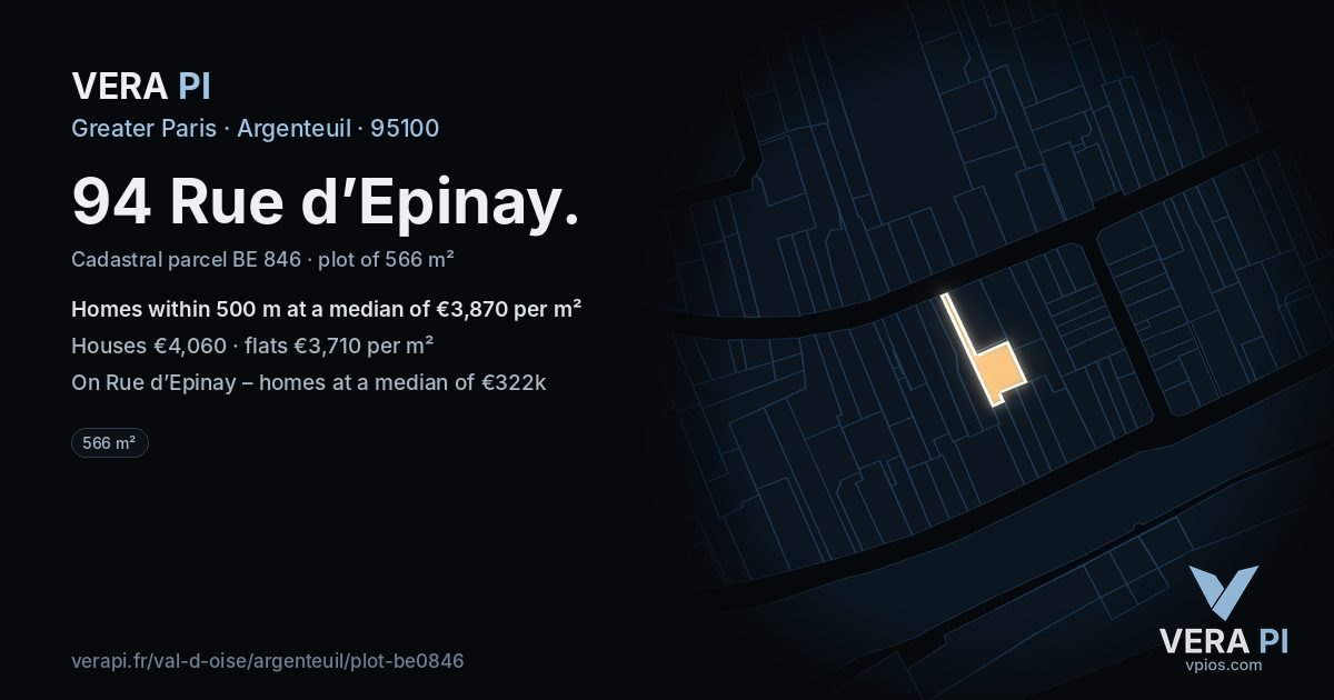 94 Rue d’Epinay, Argenteuil at night – the plot lit, the parcels around coloured by the prices near them