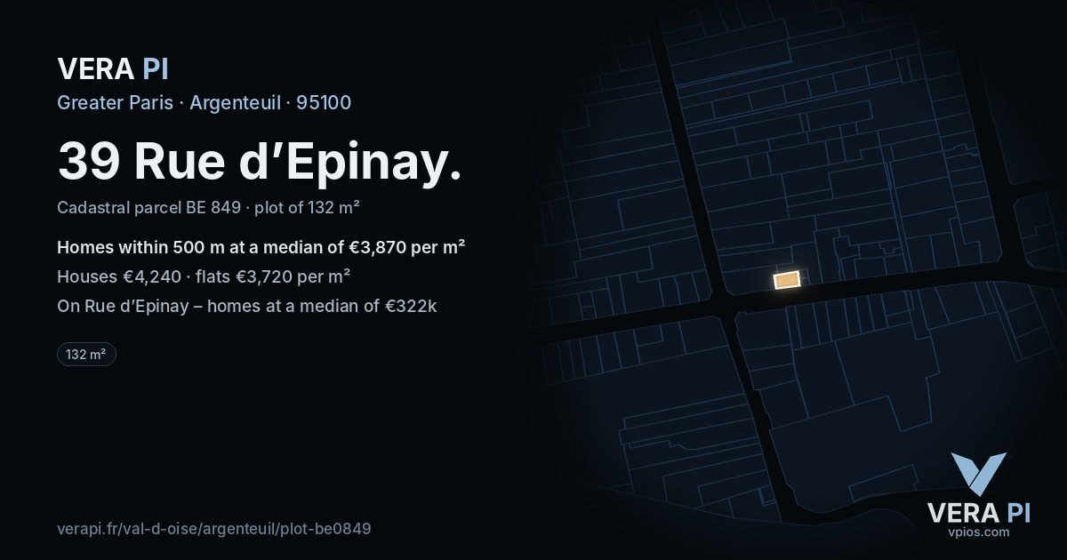 39 Rue d’Epinay, Argenteuil at night – the plot lit, the parcels around coloured by the prices near them