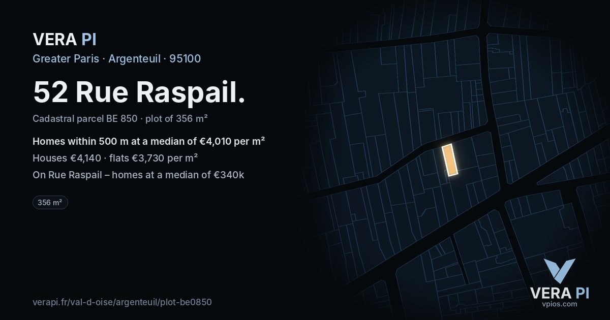 52 Rue Raspail, Argenteuil at night – the plot lit, the parcels around coloured by the prices near them