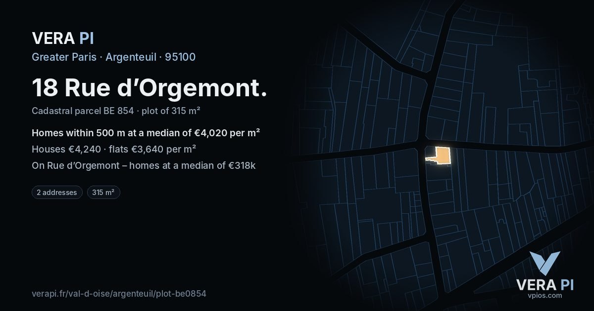 18 Rue d’Orgemont, Argenteuil at night – the plot lit, the parcels around coloured by the prices near them
