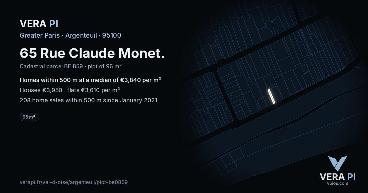 65 Rue Claude Monet, Argenteuil at night – the plot lit, the parcels around coloured by the prices near them