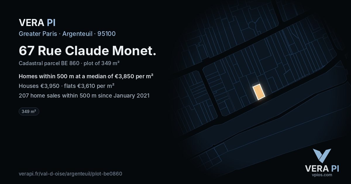 67 Rue Claude Monet, Argenteuil at night – the plot lit, the parcels around coloured by the prices near them