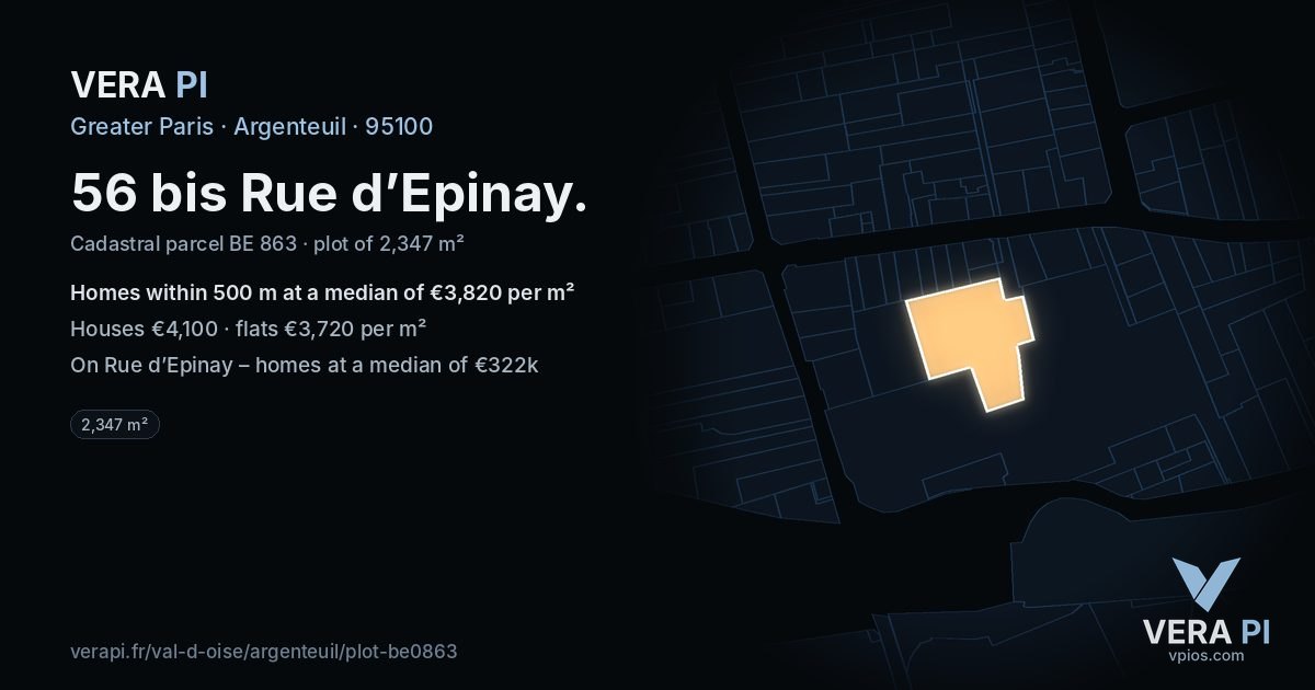 56 bis Rue d’Epinay, Argenteuil at night – the plot lit, the parcels around coloured by the prices near them