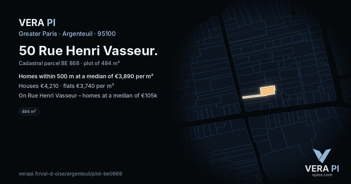 50 Rue Henri Vasseur, Argenteuil at night – the plot lit, the parcels around coloured by the prices near them