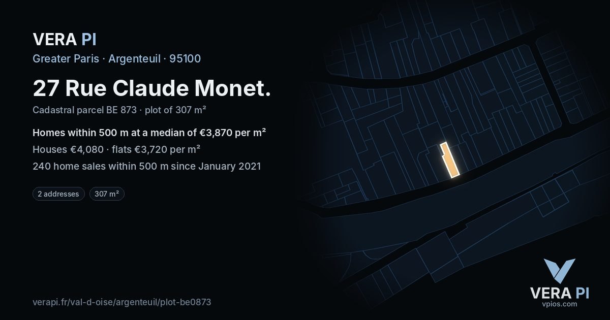 27 Rue Claude Monet, Argenteuil at night – the plot lit, the parcels around coloured by the prices near them