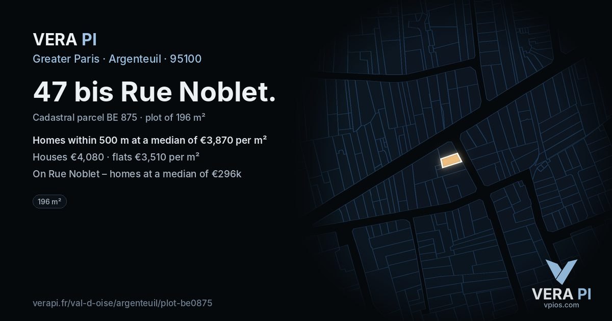 47 bis Rue Noblet, Argenteuil at night – the plot lit, the parcels around coloured by the prices near them