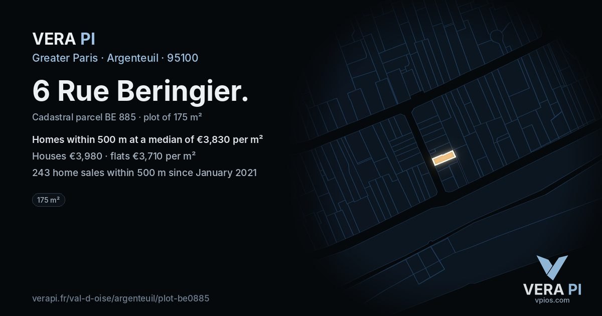 6 Rue Beringier, Argenteuil at night – the plot lit, the parcels around coloured by the prices near them
