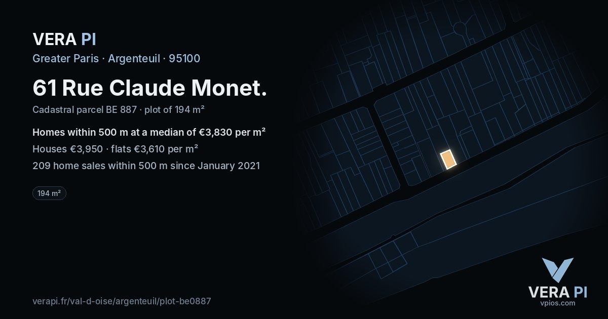 61 Rue Claude Monet, Argenteuil at night – the plot lit, the parcels around coloured by the prices near them
