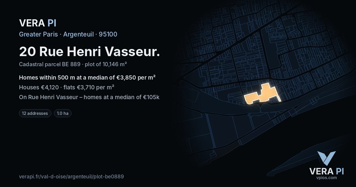 20 Rue Henri Vasseur, Argenteuil at night – the plot lit, the parcels around coloured by the prices near them