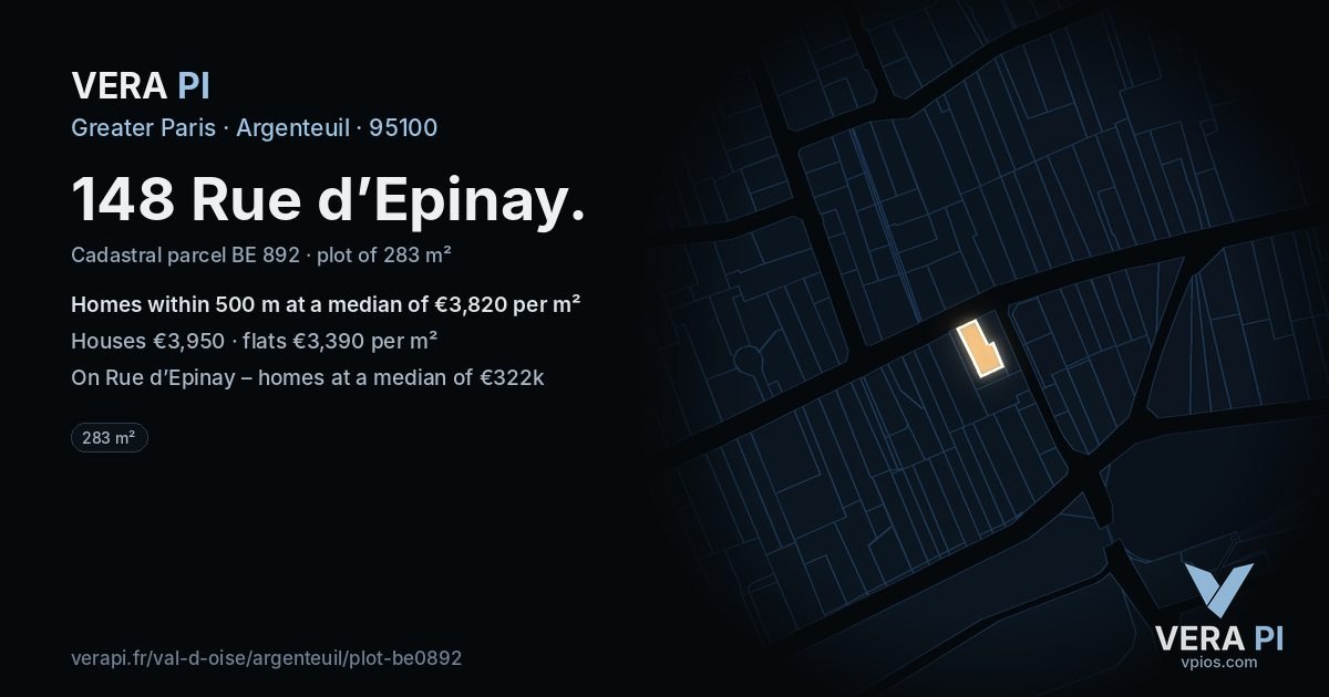 148 Rue d’Epinay, Argenteuil at night – the plot lit, the parcels around coloured by the prices near them
