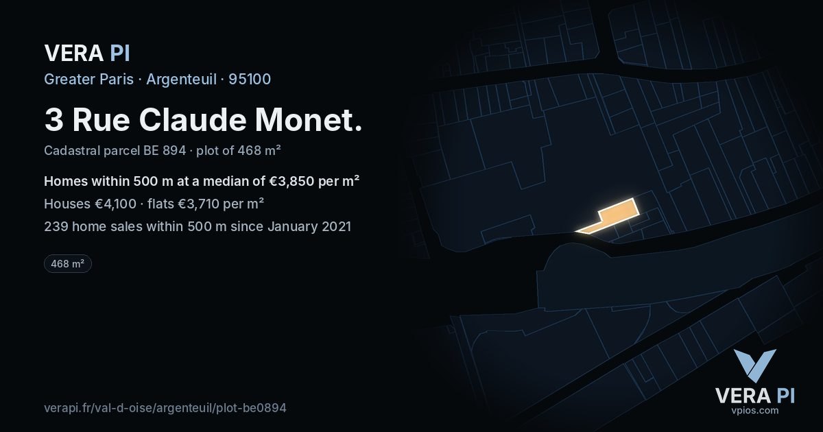 3 Rue Claude Monet, Argenteuil at night – the plot lit, the parcels around coloured by the prices near them