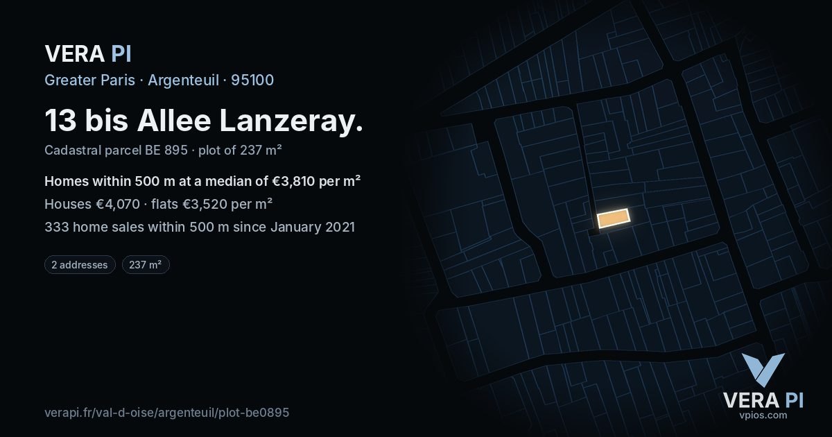 13 bis Allee Lanzeray, Argenteuil at night – the plot lit, the parcels around coloured by the prices near them