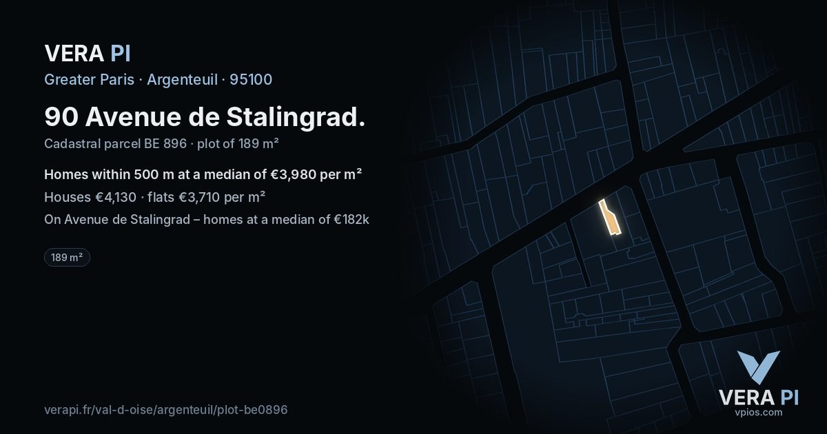 90 Avenue de Stalingrad, Argenteuil at night – the plot lit, the parcels around coloured by the prices near them