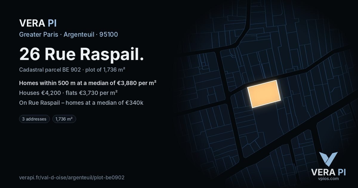 26 Rue Raspail, Argenteuil at night – the plot lit, the parcels around coloured by the prices near them