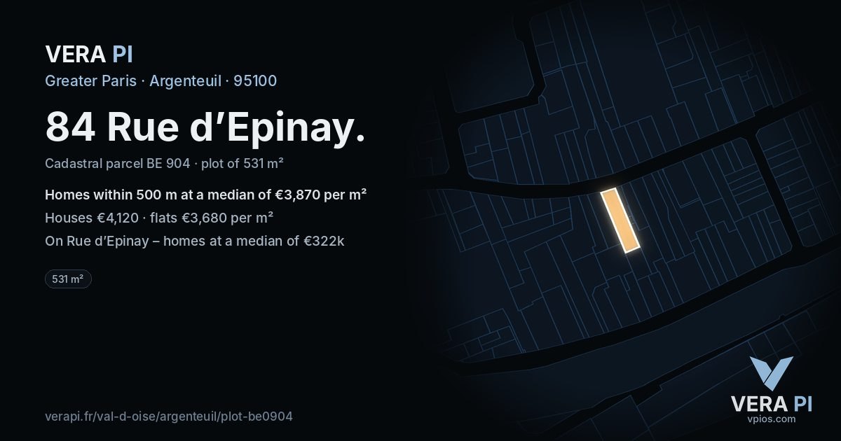 84 Rue d’Epinay, Argenteuil at night – the plot lit, the parcels around coloured by the prices near them
