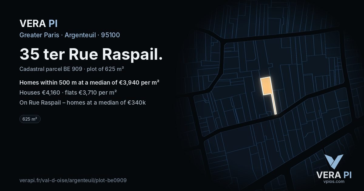 35 ter Rue Raspail, Argenteuil at night – the plot lit, the parcels around coloured by the prices near them