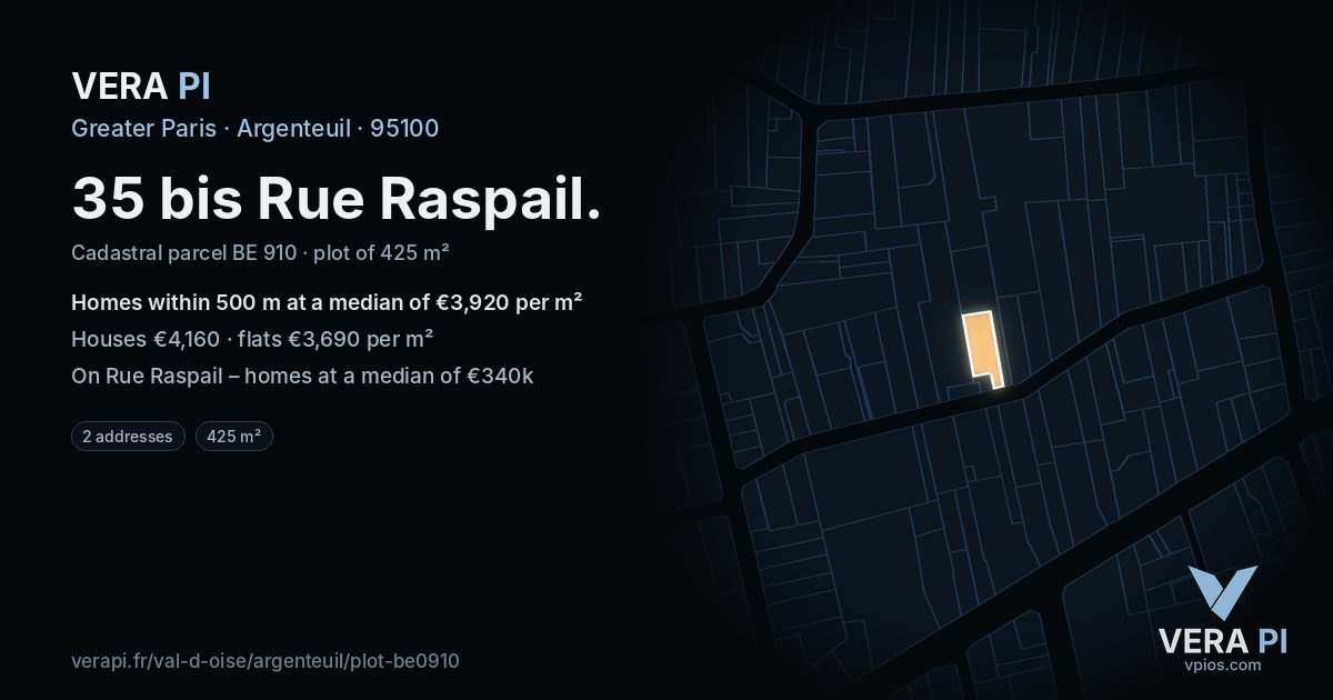 35 bis Rue Raspail, Argenteuil at night – the plot lit, the parcels around coloured by the prices near them