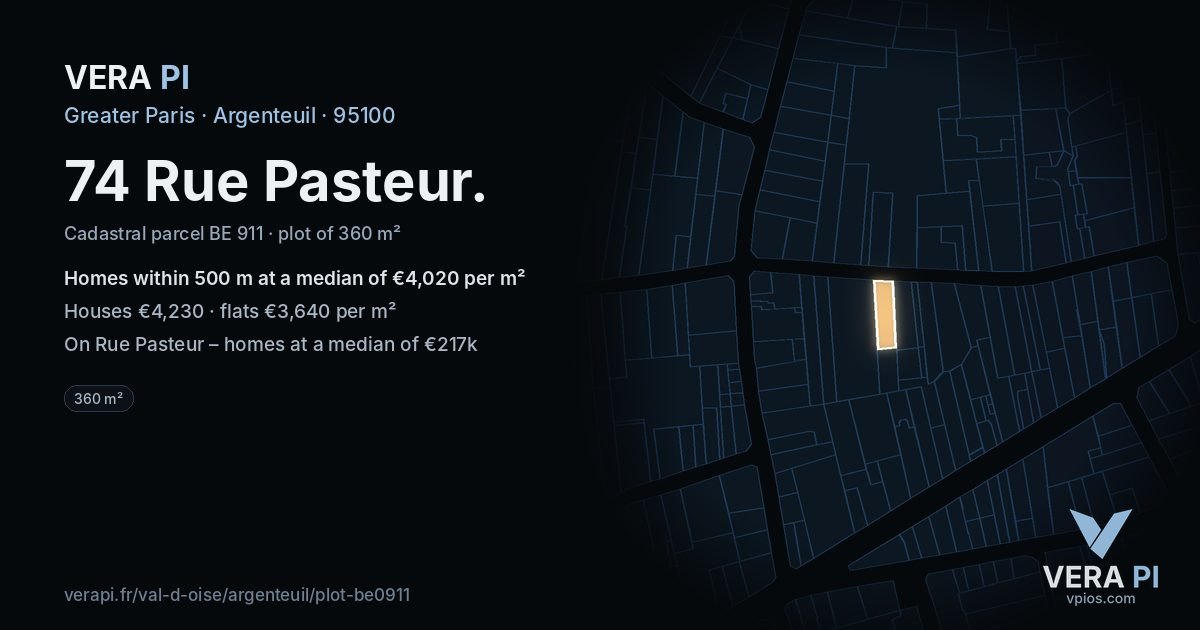 74 Rue Pasteur, Argenteuil at night – the plot lit, the parcels around coloured by the prices near them