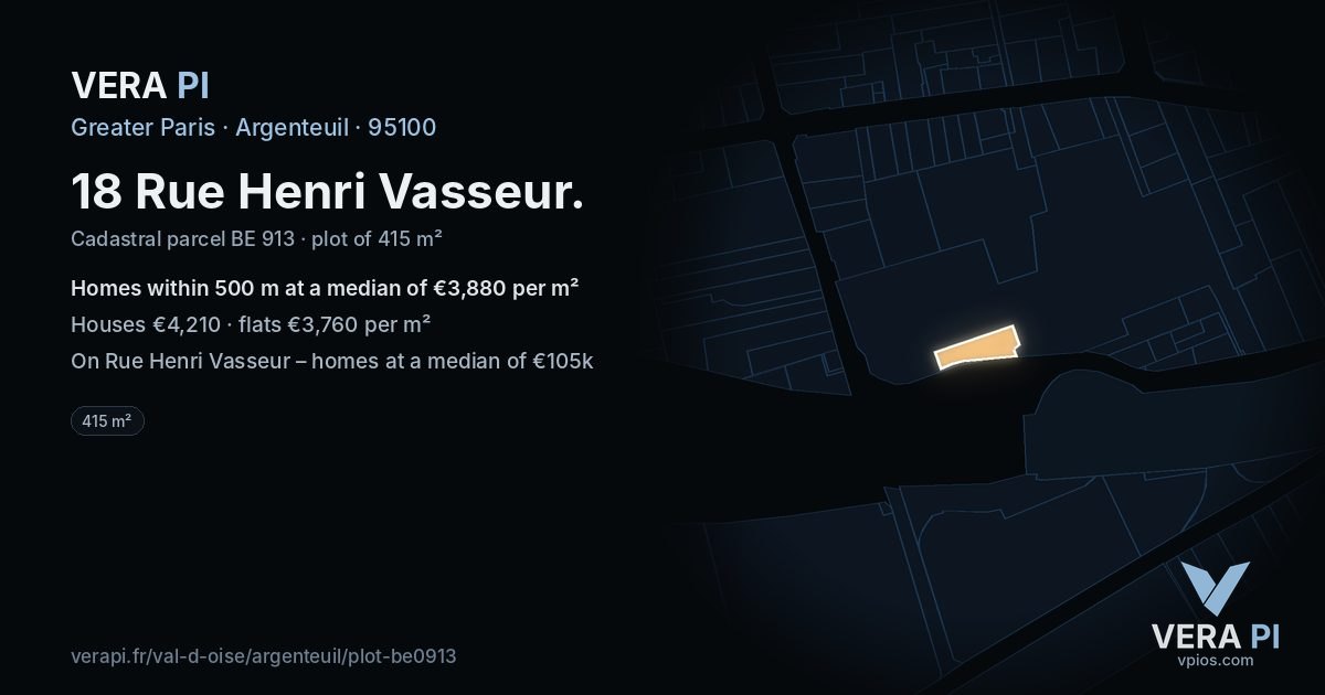18 Rue Henri Vasseur, Argenteuil at night – the plot lit, the parcels around coloured by the prices near them