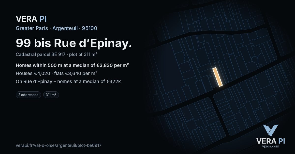 99 bis Rue d’Epinay, Argenteuil at night – the plot lit, the parcels around coloured by the prices near them