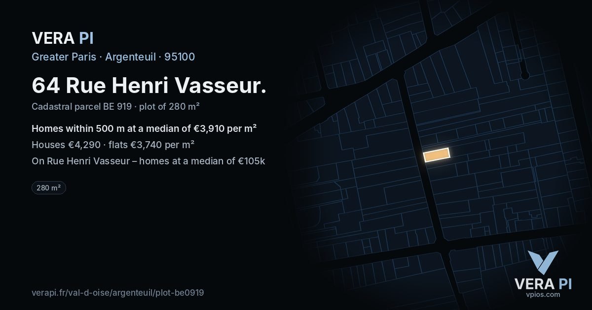 64 Rue Henri Vasseur, Argenteuil at night – the plot lit, the parcels around coloured by the prices near them