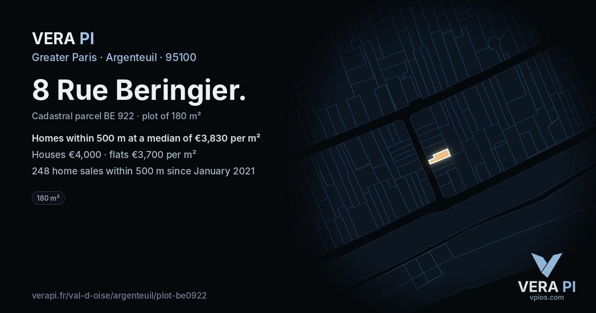 8 Rue Beringier, Argenteuil at night – the plot lit, the parcels around coloured by the prices near them