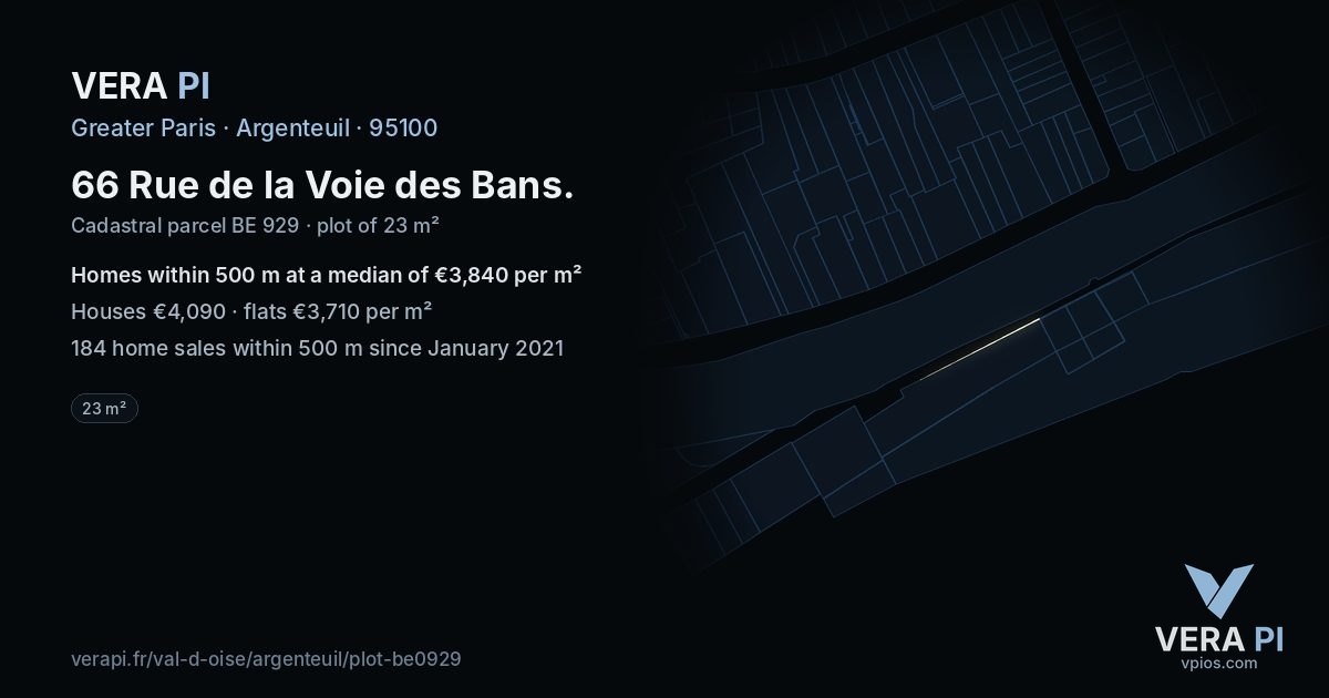 66 Rue de la Voie des Bans, Argenteuil at night – the plot lit, the parcels around coloured by the prices near them