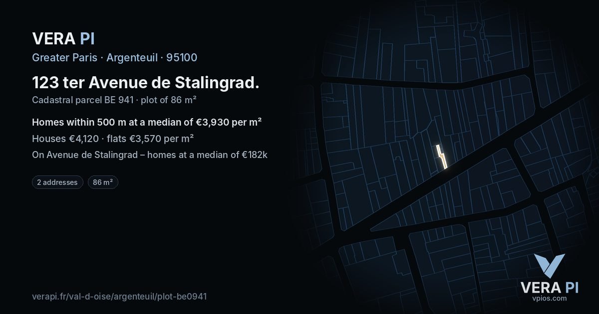 123 ter Avenue de Stalingrad, Argenteuil at night – the plot lit, the parcels around coloured by the prices near them