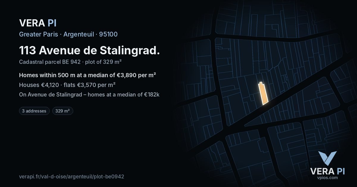 113 Avenue de Stalingrad, Argenteuil at night – the plot lit, the parcels around coloured by the prices near them
