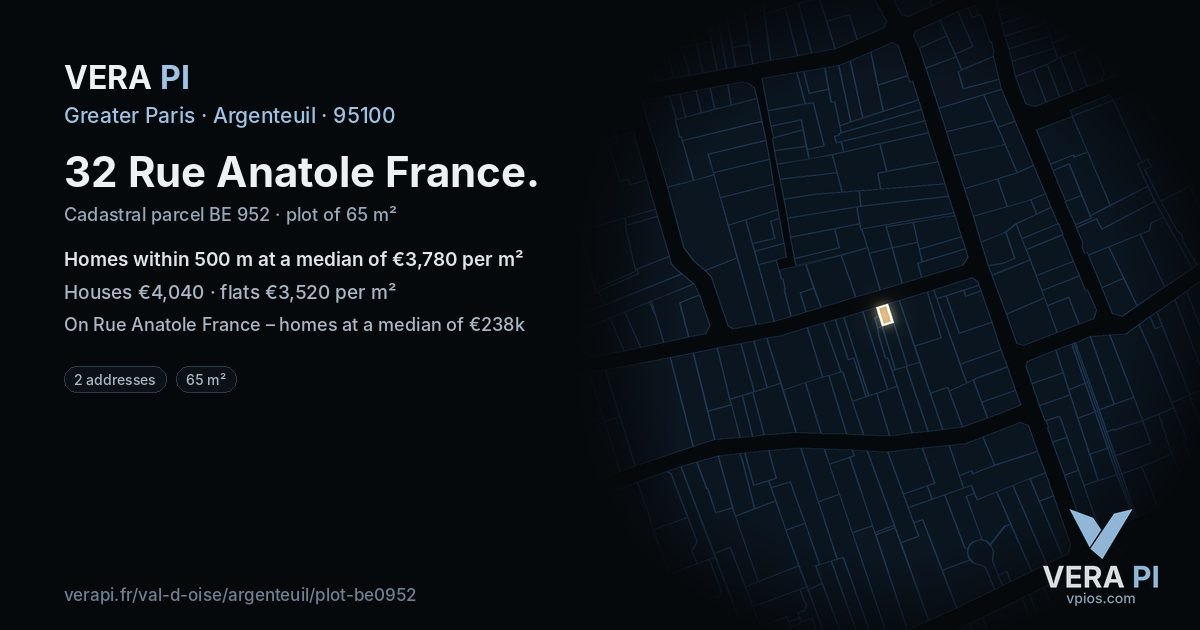 32 Rue Anatole France, Argenteuil at night – the plot lit, the parcels around coloured by the prices near them