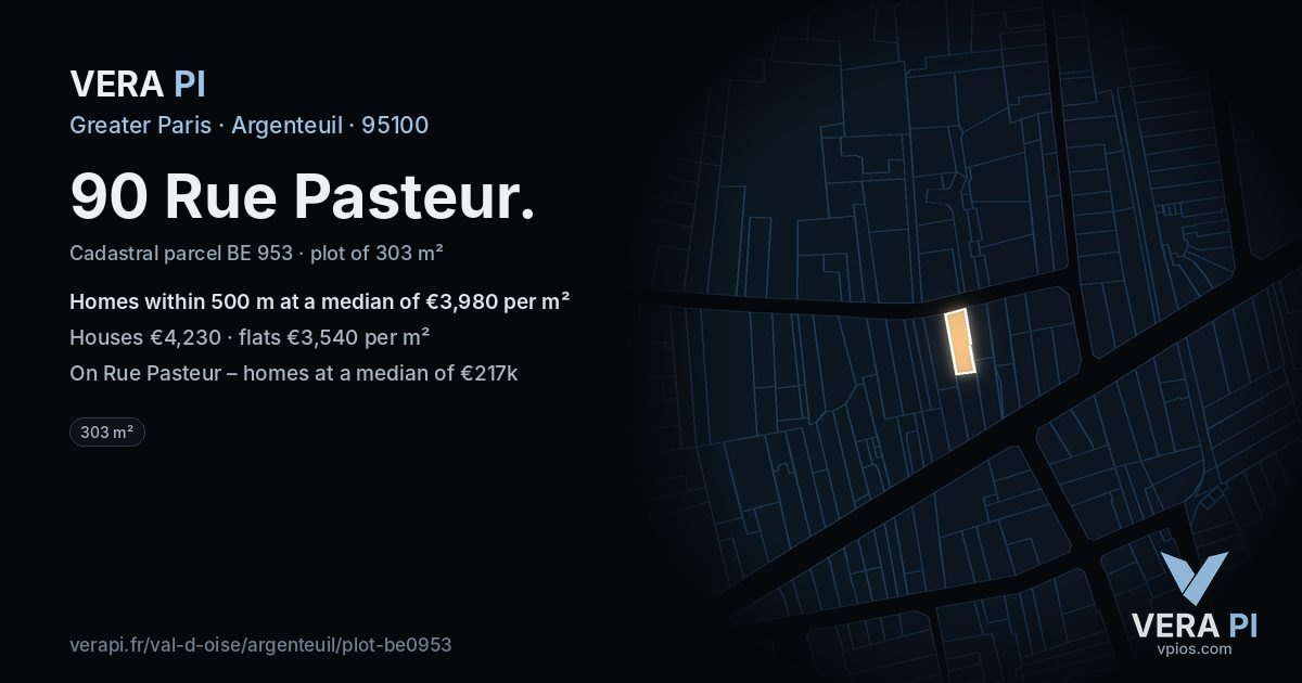 90 Rue Pasteur, Argenteuil at night – the plot lit, the parcels around coloured by the prices near them