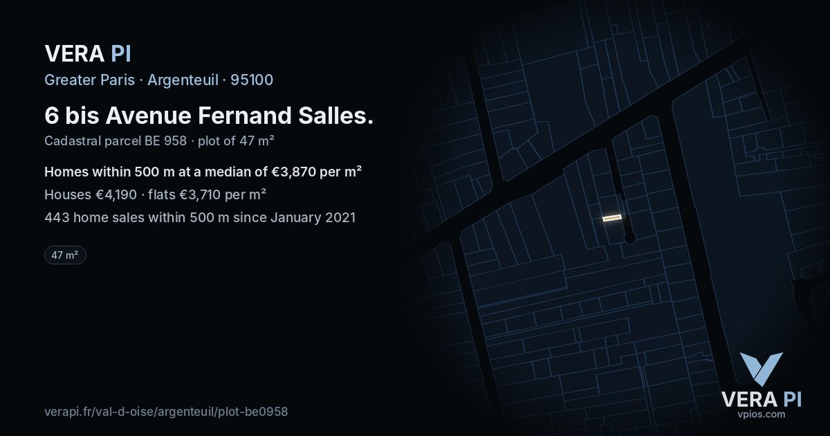 6 bis Avenue Fernand Salles, Argenteuil at night – the plot lit, the parcels around coloured by the prices near them