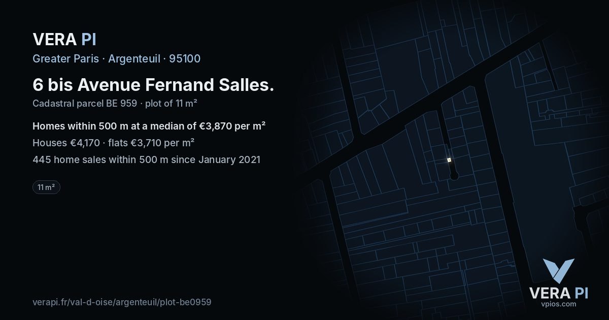 6 bis Avenue Fernand Salles, Argenteuil at night – the plot lit, the parcels around coloured by the prices near them