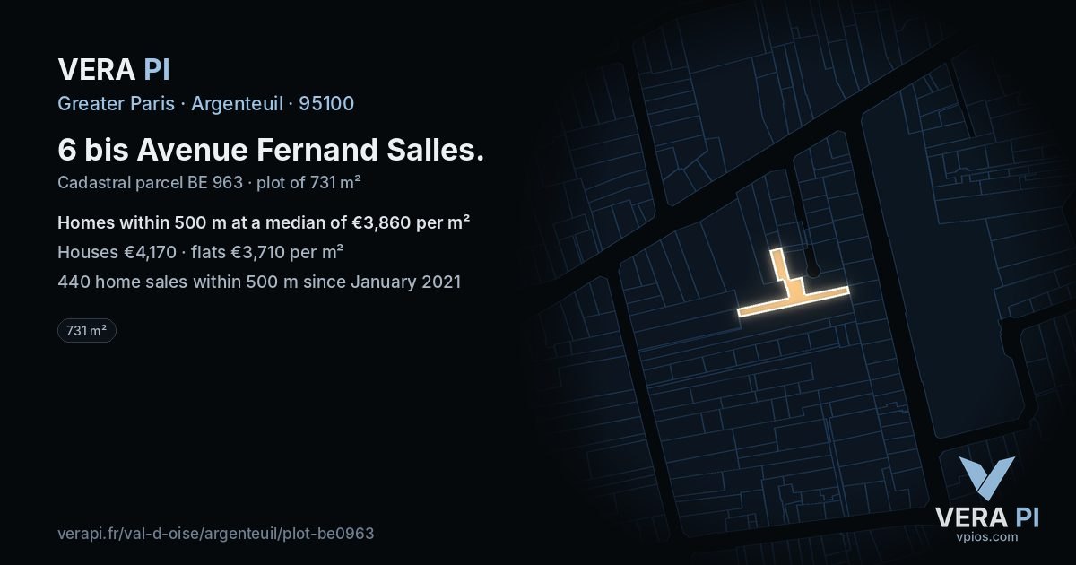 6 bis Avenue Fernand Salles, Argenteuil at night – the plot lit, the parcels around coloured by the prices near them