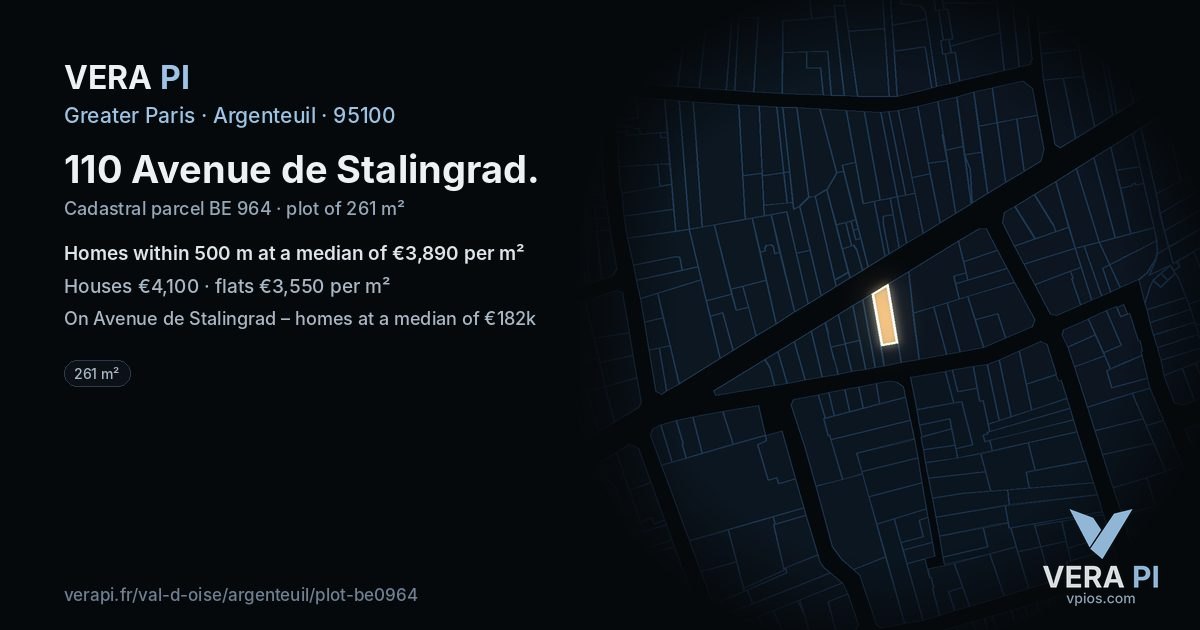 110 Avenue de Stalingrad, Argenteuil at night – the plot lit, the parcels around coloured by the prices near them