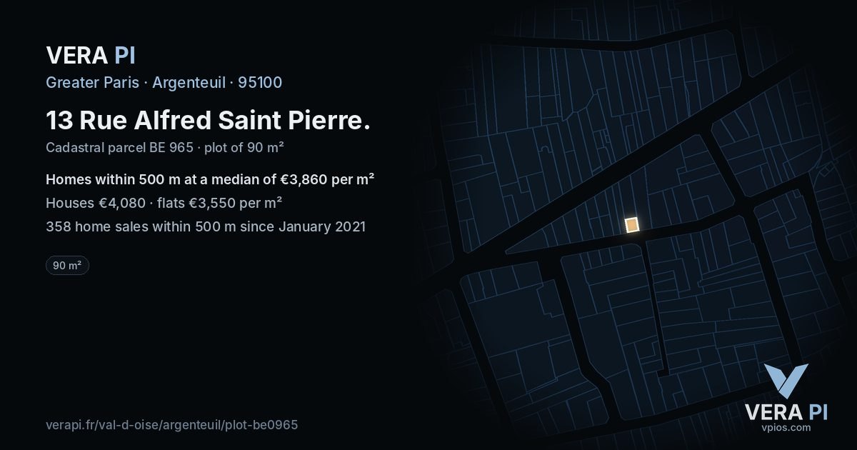 13 Rue Alfred Saint Pierre, Argenteuil at night – the plot lit, the parcels around coloured by the prices near them
