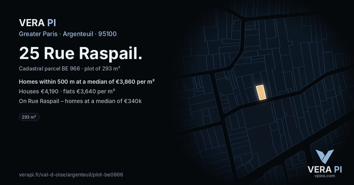 25 Rue Raspail, Argenteuil at night – the plot lit, the parcels around coloured by the prices near them