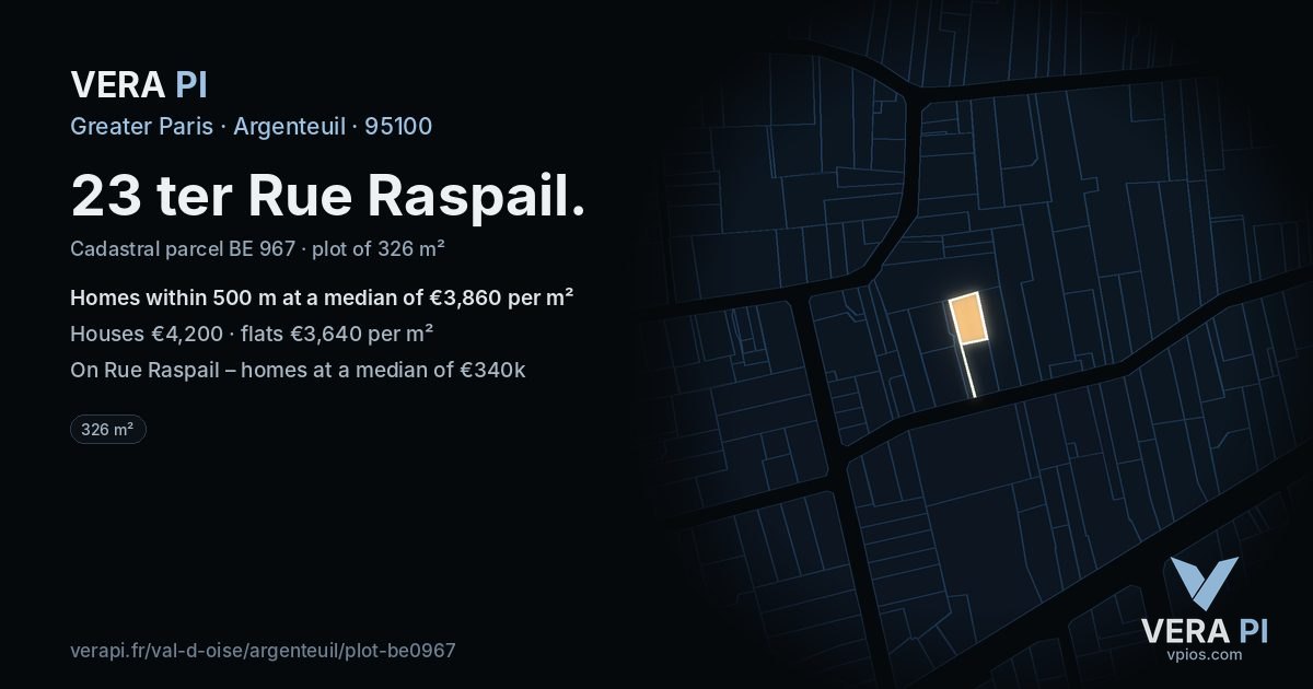 23 ter Rue Raspail, Argenteuil at night – the plot lit, the parcels around coloured by the prices near them
