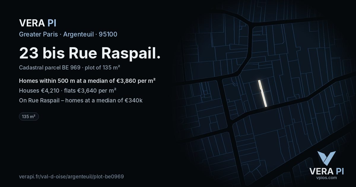 23 bis Rue Raspail, Argenteuil at night – the plot lit, the parcels around coloured by the prices near them