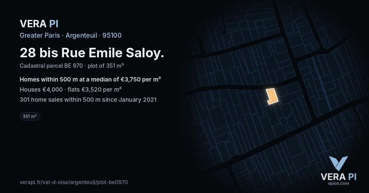 28 bis Rue Emile Saloy, Argenteuil at night – the plot lit, the parcels around coloured by the prices near them