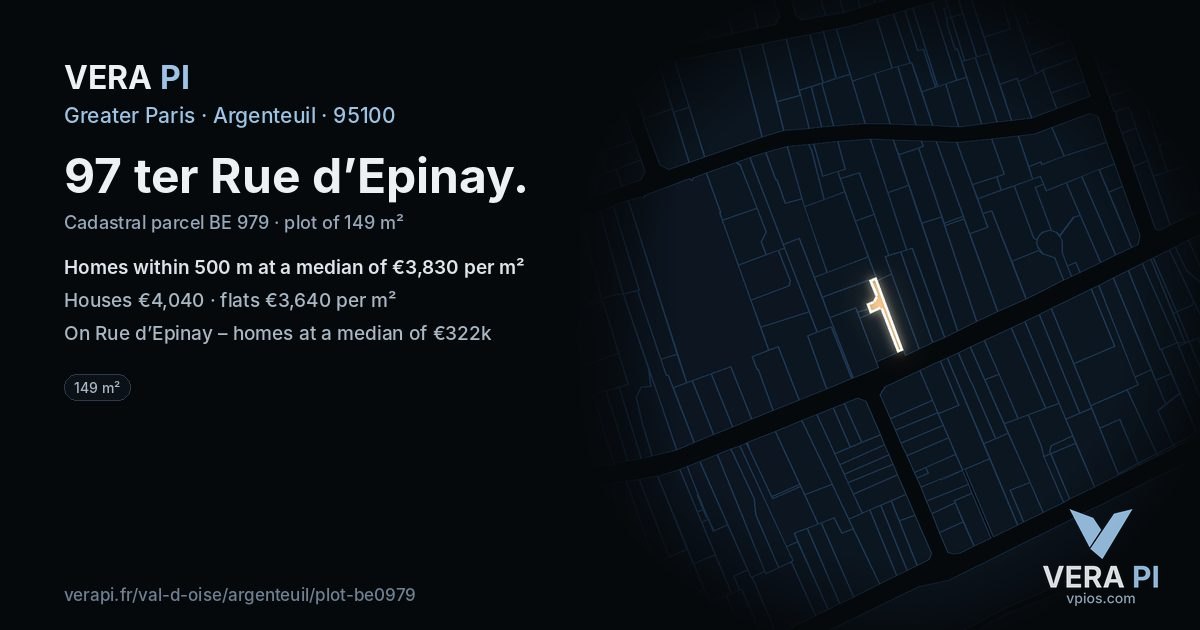 97 ter Rue d’Epinay, Argenteuil at night – the plot lit, the parcels around coloured by the prices near them