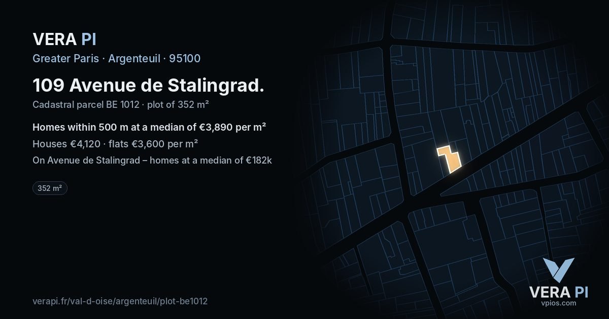 109 Avenue de Stalingrad, Argenteuil at night – the plot lit, the parcels around coloured by the prices near them