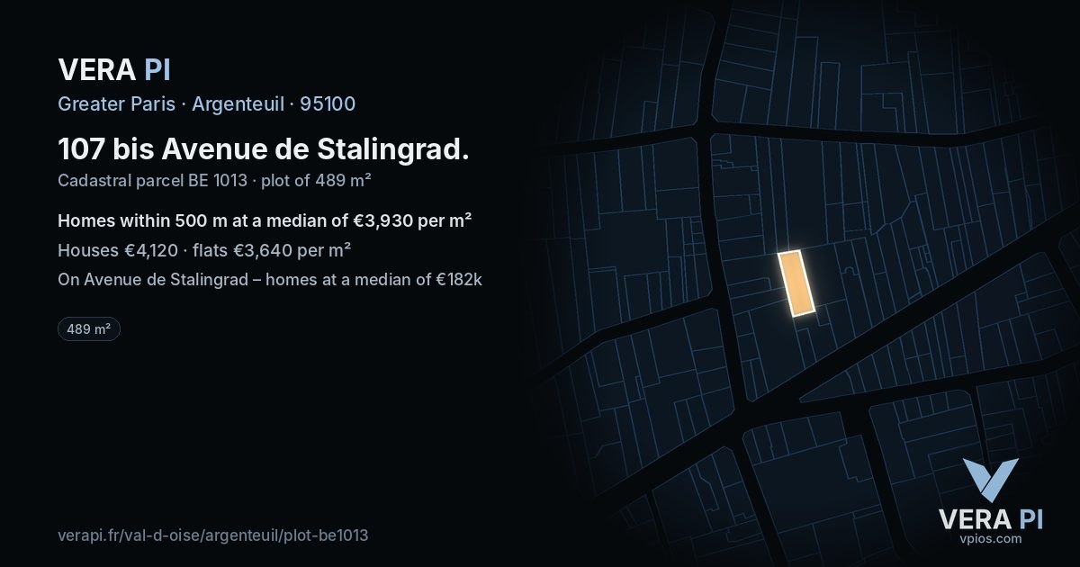 107 bis Avenue de Stalingrad, Argenteuil at night – the plot lit, the parcels around coloured by the prices near them