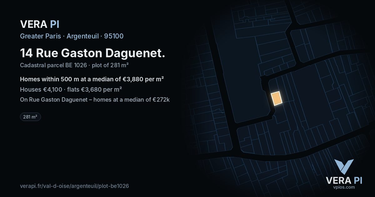 14 Rue Gaston Daguenet, Argenteuil at night – the plot lit, the parcels around coloured by the prices near them