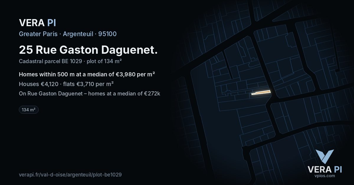 25 Rue Gaston Daguenet, Argenteuil at night – the plot lit, the parcels around coloured by the prices near them