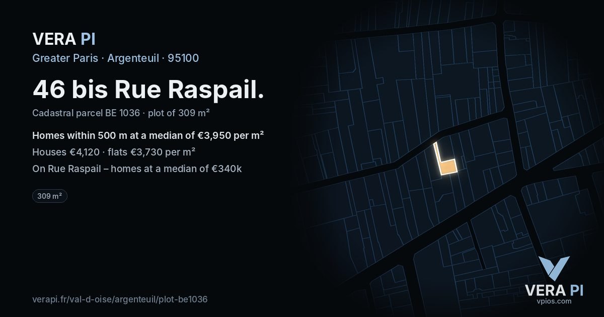 46 bis Rue Raspail, Argenteuil at night – the plot lit, the parcels around coloured by the prices near them