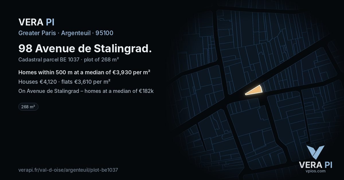 98 Avenue de Stalingrad, Argenteuil at night – the plot lit, the parcels around coloured by the prices near them