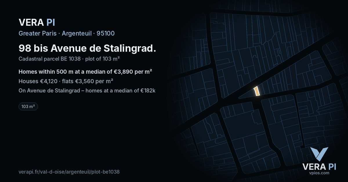98 bis Avenue de Stalingrad, Argenteuil at night – the plot lit, the parcels around coloured by the prices near them