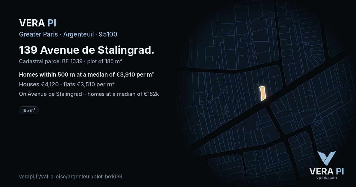 139 Avenue de Stalingrad, Argenteuil at night – the plot lit, the parcels around coloured by the prices near them